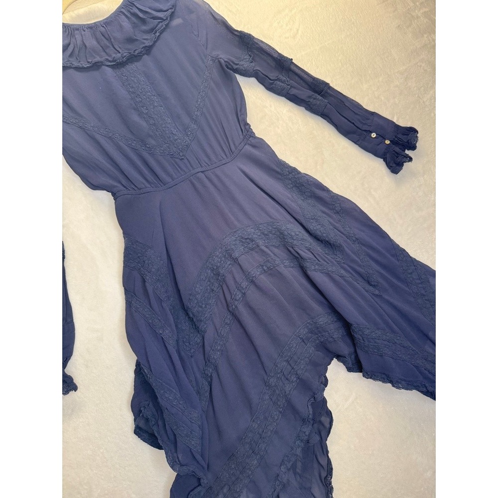 LoveShackFancy Dress Womens M Navy Blue Pre-Owned Ruffle Lace Hem Mini Dress - Picture 10 of 12